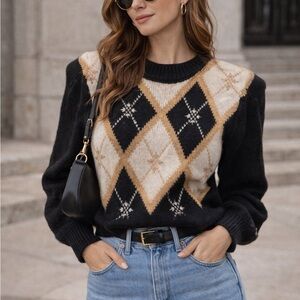 Vintage 80s Jaclyn Smith Argyle Holiday Sweater Beads Shoulder Pads 90s Glam L